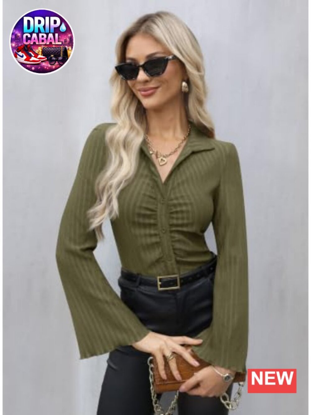 Women's Button Down V Neck Ruched Blouse Long Sleeve Slim Fit Top - Picture 4 of 6
